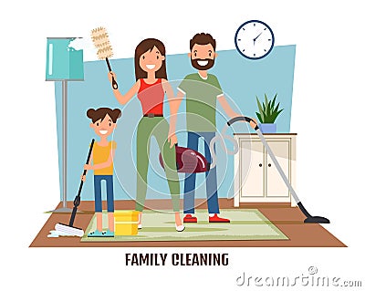 Family Cleaning, Doing Household Chores in Flat. Vector Illustration