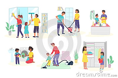 Family cleans house, children help parents with housework, set of isolated on white vector illustrations. Mother and Vector Illustration