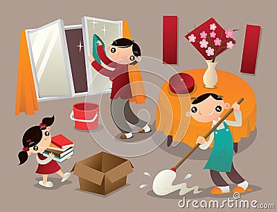 A family cleans their home thoroughly before new year. Vector Illustration