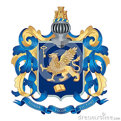 Family coat of arms. In the field of the shield there is a golden griffin, a key and a book. Below is a ribbon with a motto Honor, Vector Illustration