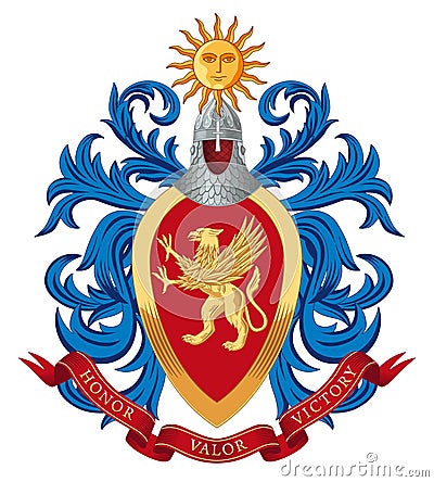 Family coat of arms. A golden griffin on a red almond-shaped shield. Above is a Turkic helmet Vector Illustration