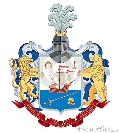 Family coat of arms. The lion and the bear are holding a shield. On the shield is a sailing ship and a sword Vector Illustration