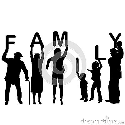 Family concept with children and parents holding letters of the Vector Illustration