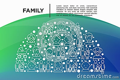 Family concept in half circle with thin line icons: mother, father, newborn, son, daughter, lesbian, gay, single mother and child Cartoon Illustration