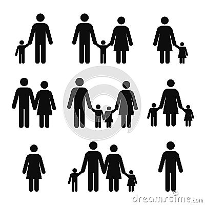 Family concept icons. Mother, father, son and daughter pictograms. People stick figure symbols Vector Illustration