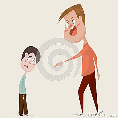 Family conflict. Aggressive man threats and shouts on oppressed boy in anger. Vector Illustration