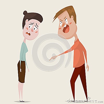 Family conflict. Aggressive man threats and shouts on oppressed woman in anger. Vector Illustration