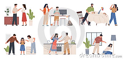 Family conflicts. Unhappy spouses and children, couples scandals, angry people quarrel and reproach, stressful situation Vector Illustration