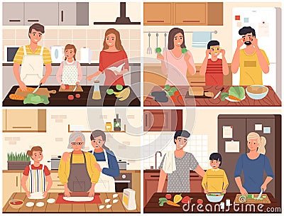 Family cooking. Happy parents and children cook food on kitchen collection, dinner preparation, mother, father and child Stock Photo