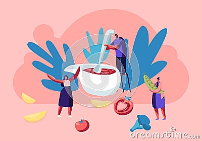 Family Cooking Process, Tiny Male Character Stand on Chair Mixing Tomato Sauce with Huge Spoon in Gravy Boat Prepare Festive Dish Vector Illustration