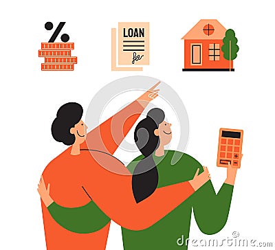 Family couple choosing new house, calculating mortgage rate Vector Illustration