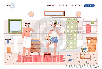 Family couple do morning hygiene routine together in bathroom. Man shaving, girl scrubbing skin. Concept illustration Vector Illustration