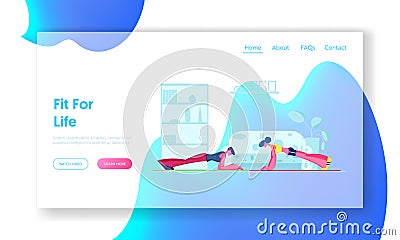 Family Couple Fitness Exercise Website Landing Page. Young Sporty Woman and Man Doing Plank at Home Vector Illustration