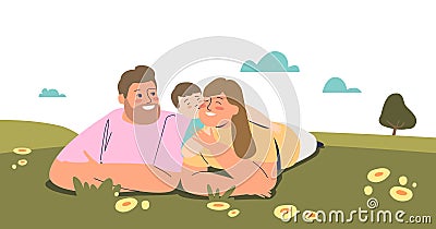 Family couple lying on grass outdoors with little son. Young happy family together Vector Illustration