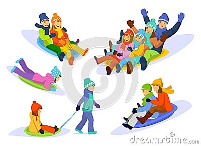 Family, couple, man, woman, children, girl, boy sledding snow downhill set Vector Illustration