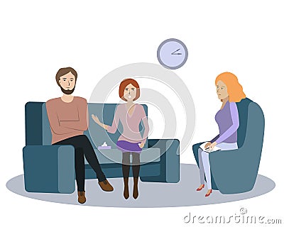 Family couple psychotherapy session, vector illustration. Young angry women speaks about her offence and resentment Vector Illustration