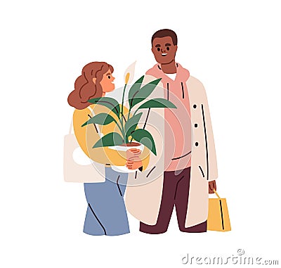 Family couple walk after shopping, carry potted plant, bags. Happy man and woman shoppers go, hold houseplant. Wife and Vector Illustration