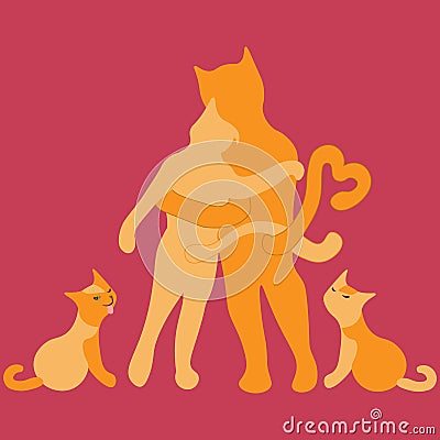 Family Cuddling Love Cats. Floral seamless background on a dark. Hand drown doodle style. For dress fabric, T shirt print, Stock Photo