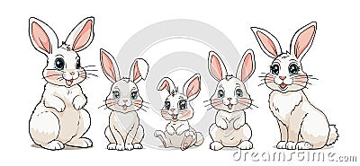 Family of cute Easter bunnies set, flat cartoon illustration, vector line drawing, farm animal, petting zoo. Clipart Vector Illustration