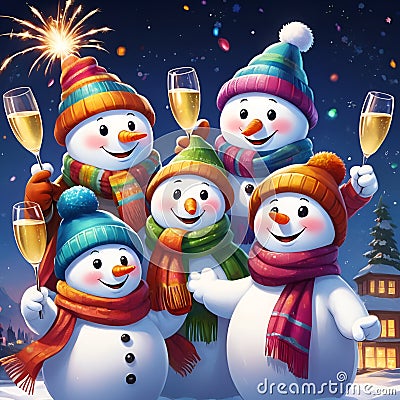 A family of cute snowmens holding champgne glasses, celebrate the new year in smiling, happy face, fantasy, cartoon Stock Photo