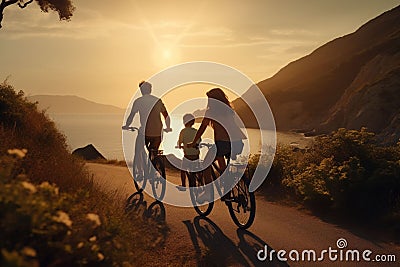 Family cycling along a picturesque coastal road Stock Photo