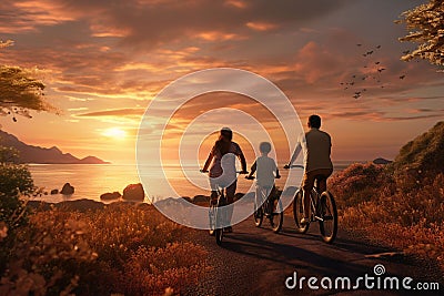 Family cycling along a picturesque coastal road Stock Photo