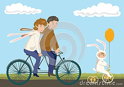 Family Cycling: Father, Mother and Child Vector Illustration