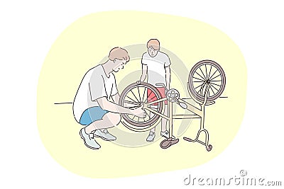 Family, cycling, repair, fathers day concept Vector Illustration