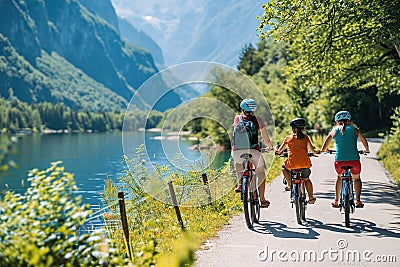 A family cycling together in a scenic, car-free area Stock Photo