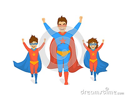 Family, dad and kids, cute boy and girl playing superheroes, running excited in super hero costumes front view fun humor fathers d Vector Illustration