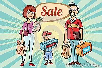 Family dad mom and son with shopping on sale Vector Illustration