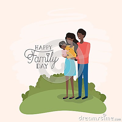 Family day card with black parents and daughter in the field Vector Illustration