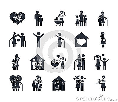 Family day, father mother kids grandparents characters, set icon in silhouette style Vector Illustration