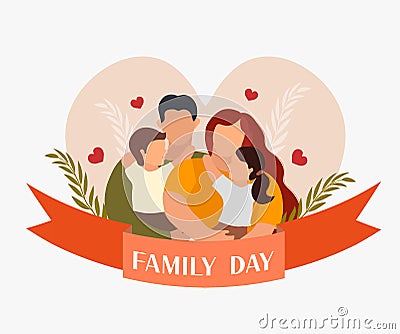 Family day. Happy international day of families. Cute couple with childrens, father and mother hug children with love Vector Illustration