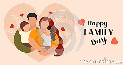 Family day. Happy international day of families. Cute couple with childrens, father and mother hug children with love Vector Illustration