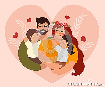 Family day. Happy international day of families. Cute couple with childrens, father and mother hug children with love Vector Illustration