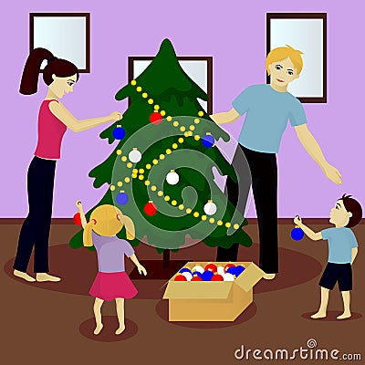 Family decorate Christmas tree Vector Illustration