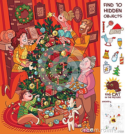 Family decorates christmas tree. Find 10 hidden objects in the p Vector Illustration