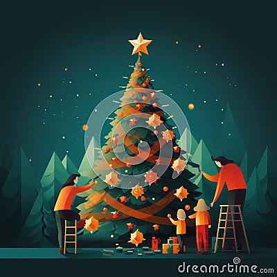 A family decorating a christmas tree, AI Stock Photo