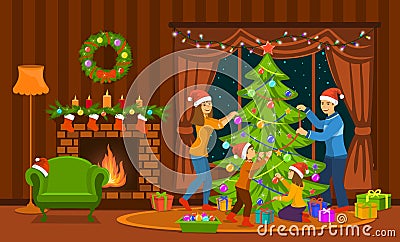 Family decorating christmas tree in living room at home Vector Illustration