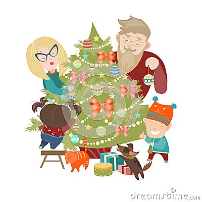 Family decorating a Christmas tree Vector Illustration