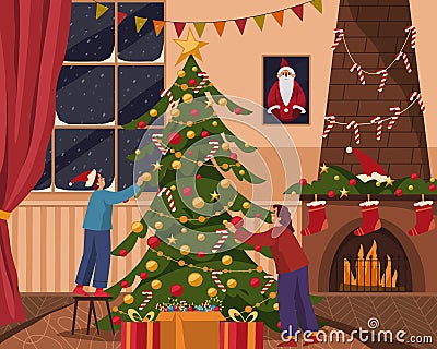 Family decorating fir tree for Christmas, New Year Vector Illustration