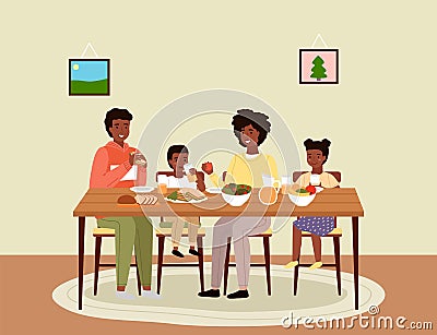 The family dines with healthy food. Relatives eat natural fresh products vector illustration Vector Illustration