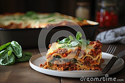 family dinner, with lasagna the star of the show Stock Photo