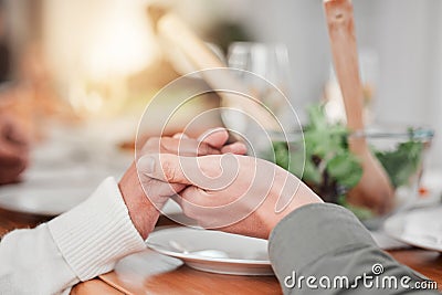Family, dinner and party, hands together for prayer, gratitude for food and love, celebration and holiday. Worship Stock Photo