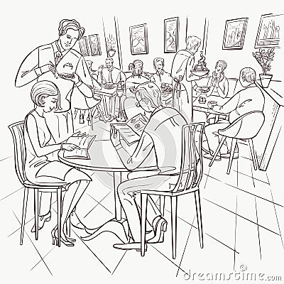 Family dinner or scene of breakfast is in restaurant interior. Woman is siting with man for table. The waiter takes the Vector Illustration