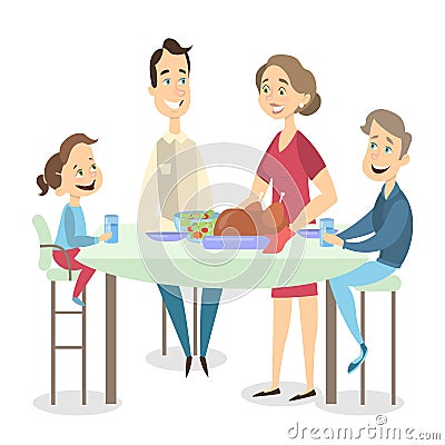 Family dinner with turkey. Vector Illustration