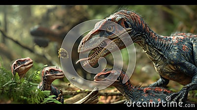 A family of dinosaur hatchlings being fed regurgitated food by their mother a primitive bird with a recognizable Stock Photo