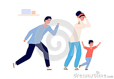 Family divorce. Angry people suffering, scolding, fight. Quarrel and violence, disregard feelings. Conflict Vector Illustration