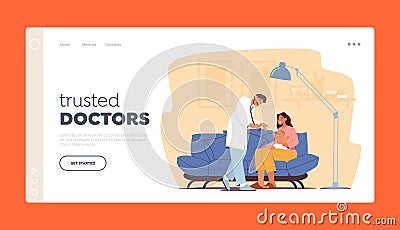 Family Doctor Baby Checkup Landing Page Template. Pediatrician Doctor Character Examine Sick Child with Mom at Home Vector Illustration